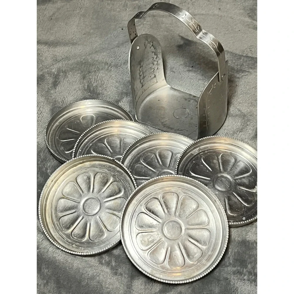 Vintage Aluminum Set of 6 Coaster Holder Floral Embossed Silver Metal Barware